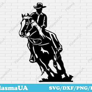Op de afbeelding: Een zwart silhouet van een cowboy die op een paard rijdt. De cowboy draagt een hoed en het paard steigert op zijn achterpoten.