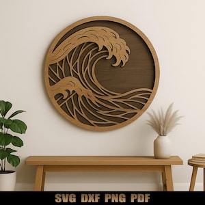 May include: A round wooden wall art piece featuring a stylized wave design. The wave is carved in detail, with a dark brown background and a lighter brown frame. The text "SVG DXF PNG PDF" is at the bottom.