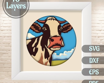 Layered 3D Peeking Cow Svg cut files for Cricut, Farm life Paper cut template, Multilayer Design, Shadow box DIY