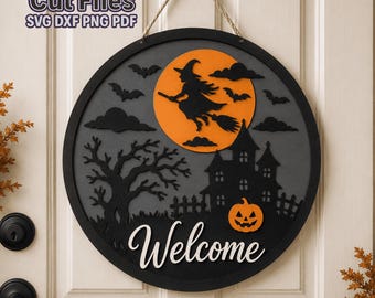 Halloween Door Hanger SVG, Welcome Sign Laser Cut File, Witch Haunted House Round Door Decor DXF