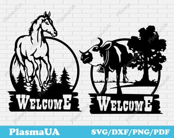 May include: Black metal cutouts of a horse and a cow, each within a circular frame. The horse is set against a forest scene, and the cow is next to a tree. Both have the word "WELCOME" below. The bottom text reads "PlasmaUA".