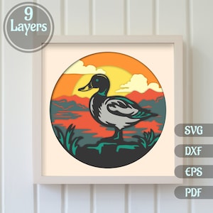 Mallard 3D Svg Shadow Box, Multilayer Svg, Nature 3d shadow box, Papercut art, modelli 3d in formato SVG, anatra 3D in formato SVG per Cricut, artigianato a strati 3D