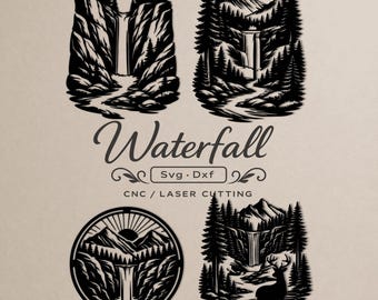 Wasserfall SVG für CNC Laser Laser | Bergwald DXF-Dateien | Rustikale Natur Wandkunst