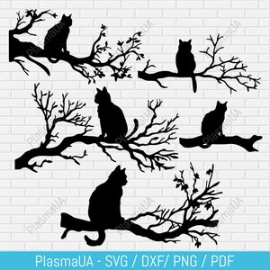 Chat sur une branche Svg, chats sur branche d’arbre dxf pour découpe laser, Chat assis sur branche d’arbre Silhouette, chat dxf pochoir, chats svg pour cricut