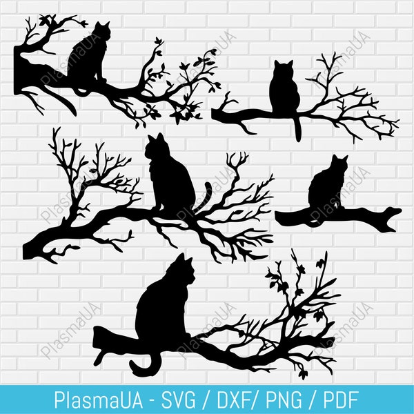 Katze auf Ast, dxf für Laser-cut, Katze sitzt auf Ast Baum Silhouette, Katze dxf Schablone, Katzen svg für Cricut