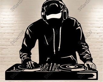 May include: A black silhouette of a DJ wearing headphones and a hoodie, standing behind a DJ mixer with two turntables.