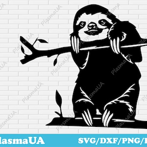 May include: Black silhouette of a sloth hanging from a branch. The sloth has a relaxed expression and is holding onto the branch with its arms and legs.