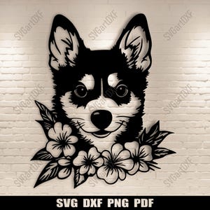 Floral Husky SVG, mignon chien furtif coupé fichiers pour Cricut, Silhouette chien, conception de T-shirt par sublimation, Dxf pour laser CNC