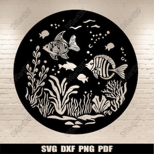 Onderwaterscène Svg, visscène Dxf-bestanden knippen voor CNC-laser, snijbestanden voor Cricut, silhouet, DIY Wall Metal Decor
