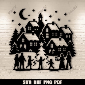 May include: Black silhouette of a winter village scene with houses, trees, a church, moon, and stars. A family is walking in front of the village, with a child holding a gift. The text "SVG DXF PNG PDF" is at the bottom.