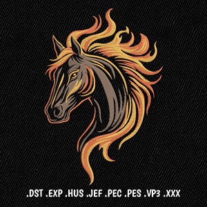 Puede incluir: Una cabeza de caballo negra y naranja con una melena y cola de fuego. La cabeza del caballo está mirando hacia la izquierda, y la melena y la cola ondean con el viento.