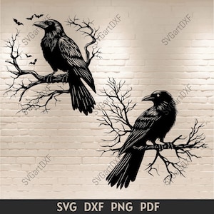 Cuervo SVG para Cricut, archivos de corte de silueta de cuervo, Dxf de Halloween aterrador para láser, cuervo en rama para Glowforge, arte de sublimación para camisetas