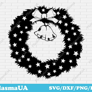 May include: A black and white silhouette of a Christmas wreath with a bow and bells. The wreath is decorated with stars.