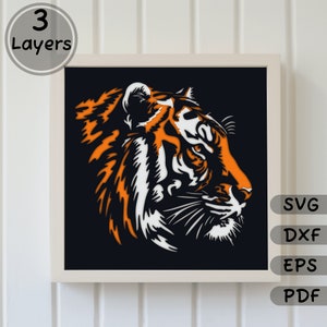 Tiger 3D Light Box Svg para Cricut, modelo em camadas 3D, multicamadas para corte a laser, arte em madeira em camadas, artesanato em caixa de sombra, cartolina Dxf
