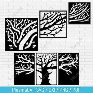 Puede incluir: Un conjunto de cinco archivos de corte digital en blanco y negro que presentan diferentes diseños de árboles. Los diseños son perfectos para crear arte de pared, decoración del hogar u otras manualidades.