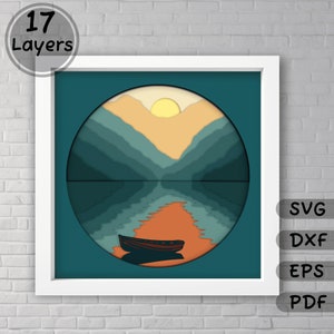 Layered Lake Boat Svg, 3D Shadow Box Template, Papercut Art, Svg for Cricut Silhouette, Dxf for Laser Cut, DIY Home Decor, Unique Gift