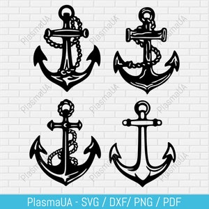 May include: Four black anchor designs, two with rope details and two without. These anchor designs are perfect for crafting projects, scrapbooking, or creating unique home decor.