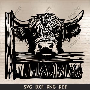 Jetez un coup d'oeil à la vache Highland SVG, décoration de chambre d'animaux de la ferme, fichiers de coupe pour Cricut, Silhouette, DXF pour conception laser et CNC, téléchargement immédiat