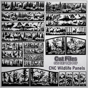 Puede incluir: Paneles CNC en blanco y negro con escenas de vida silvestre que representan escenas de bosques y montañas con ciervos, osos y otros animales salvajes. Los paneles incluyen el texto "Cut Files SVG DXF PNG PDF CNC Wildlife Panels."