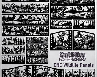 Wildtiere CNC-Panels SVG DXF Bundle, Laser geschnitten Dateien, Plasmen Metall Wandkunst, Hirsch Elch Bär Wald Geländer Designs
