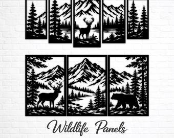 Wanddeko-Motiv „Wildtiere in den Bergen“ (SVG/DXF) | Laserschnittdateien für Waldlandschaft mit Hirsch, Bär und anderen Motiven