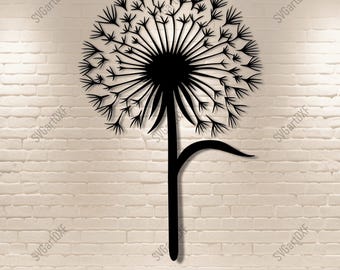 May include: Black silhouette of a dandelion with a long stem and seeds blowing in the wind. The dandelion is against a white brick wall background.