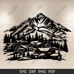 Bergdorf svg, Schneidedateien für Cricut, Dxf Dateien Cnc Metall Dekor, Wandtattoo Vektor Kunst, Laser Gravur Design