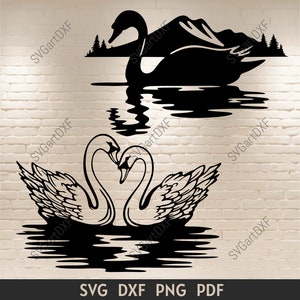 Swan Pair svg, Swan svg archivos cortados para cricut, Swan Clipart, Swan PNG, Swan in calm pond svg, Dxf para corte láser, Love swan svg