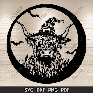 Halloween vache Highland Svg, Svg animaux de la ferme, clipart chapeau de sorcière, fichiers de découpe pour Cricut & Silhouette, Dxf pour découpe laser