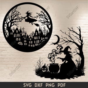Strega che vola sopra una scena cittadina di Halloween Svg, Strega che mescola una pentola gorgogliante Svg Dxf, File di taglio Cricut, Design per magliette con sublimazione