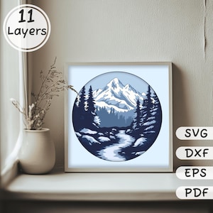 Winter Gebirgskette 3D Schicht SVG, Multilayer Schatten Box Vorlage für Cricut & Silhouette, Dxf für Laserschneiden, DIY Light Box