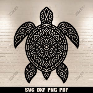 May include: Black laser-cut wooden sea turtle wall art. The turtle features intricate mandala-style patterns on its shell and flippers. The text "SVG DXF PNG PDF" is at the bottom. The art is displayed against a white brick wall.