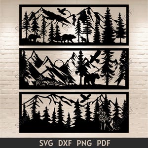 Scene della natura Dxf per taglio laser e plasma CNC, file di taglio foresta per artigianato, file di taglio svg montagne per Cricut, orso, lupo decorazione murale fai da te