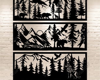 Nature scenes Dxf for CNC Laser & Plasma cut, Forest cut file for craft, mountains svg cutting files for Cricut, Bear, Wolf Wall decor Diy