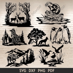 Archivos svg de animales salvajes para Cricut, archivos de corte Silhouette, dxf para láser CNC, imágenes prediseñadas svg de pingüinos, dxf de jabalí para plasma, arte CNC de escena de patos