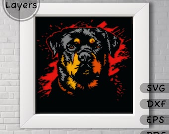 Perro rottweiler en capas Svg, archivos de corte para Cricut, plantilla de caja de sombra de perro 3D, arte cortado con láser, corte de silueta Dxf, manualidades de papel en capas
