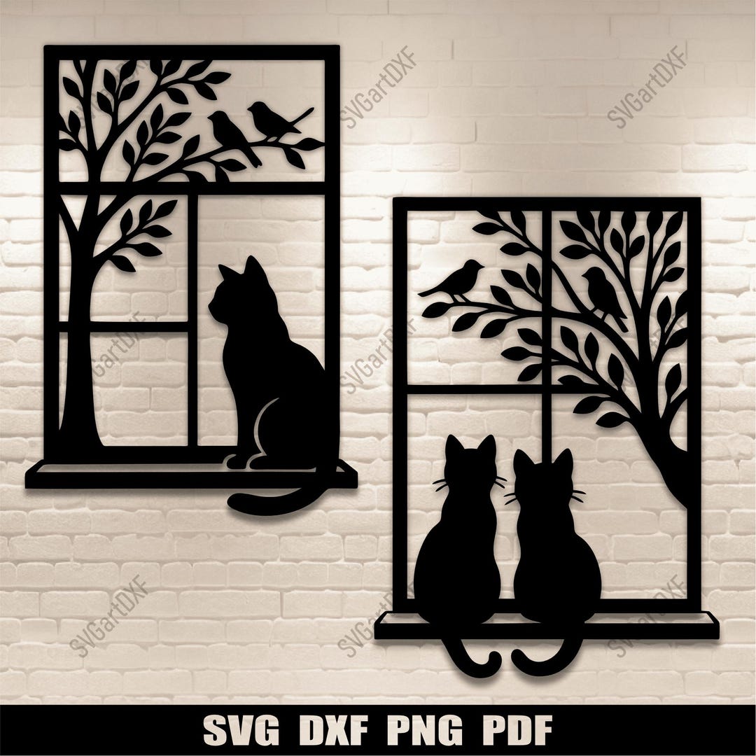 窓辺の猫 DXF SVG | シルエット猫と鳥 CNC＆プラズマ用レーザーカット