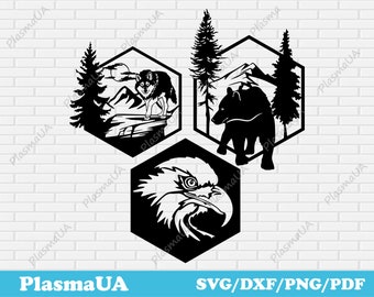 May include: Three black and white silhouette images of a wolf, a bear, and an eagle, each set within a hexagonal frame. The wolf is howling at the moon, the bear is standing on its hind legs, and the eagle is looking forward with its wings spread.