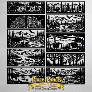 May include: A collection of ten black and white rectangular metal fence panel designs featuring nature scenes with bears, deer, moose, mountains, forests, and farm landscapes. The text Fence Panels DXF SVG Files Metal Cutting Designs is visible.