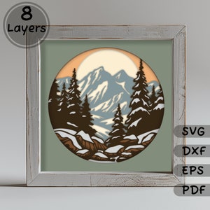 Svg 3D montagnes enneigées, Dxf pour découpe laser, Svg multicouche pour Cricut, créations Shadow Box, cadeau unique DIY, Glowforge, caisson lumineux 3D