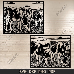レーザーカット用の牛のパネル DXF、CNC プラズマ切断用の DXF、Cricut 用の牛のシーン svg、レーザー クラフト デザイン、CNC ルーター用のスクリーン DXF