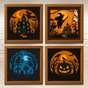 Halloween 3D Shadow Box – 4 flerlagers Svg Dxf Eps Pdf-designer, lagerbaserad häxa, spökhus, kyrkogård, pumpa pappersklipp för Cricut