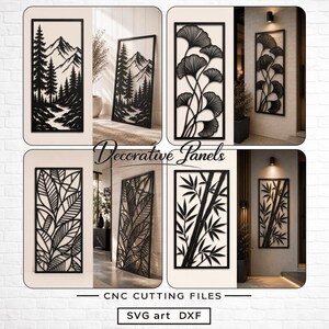 Peut inclure: Quatre panneaux muraux rectangulaires en métal noir présentant des motifs découpés au laser de paysage de montagne avec des pins, des feuilles de ginkgo, du feuillage tropical et des tiges de bambou. Le texte Decorative Panels CNC CUTTING FILES SVG art DXF est visible.