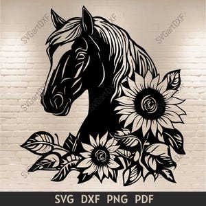 Pferd mit Sonnenblumen SVG, Cricut und Silhouette Cut Files, DXF für Laser und Glowforge, Sublimationsdesign, Schneidedateien Download