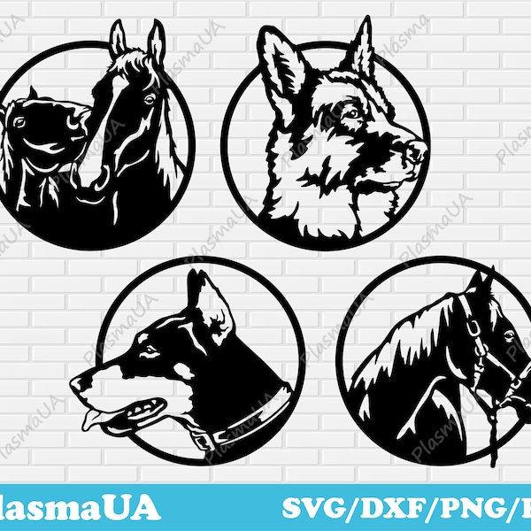 Circle decor dxf files, circle animals svg cut files, doberman svg, german shepherd dxf, cute horses svg, cuttable svg, decor cnc for laser