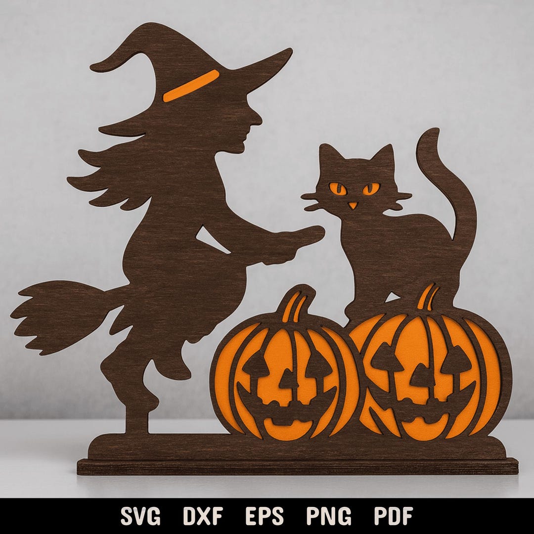 Halloween Wooden Statue SVG DXF – Witch Cat Pumpkin Layered Laser Cut ...