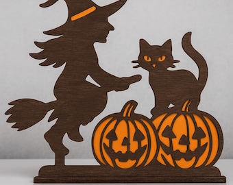 Drewniana figurka na Halloween w formacie SVG DXF – pliki do cięcia laserowego z dynią i kotem czarownicą do maszyn CNC, Glowforge, Cricut i Silhouette