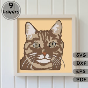 Modèle 3D de boîte d'ombre de chat, SVG Papercut en couches pour Cricut, fichiers de coupe Glowforge, DXF découpé au laser, vecteur de chat multicouche, téléchargement immédiat