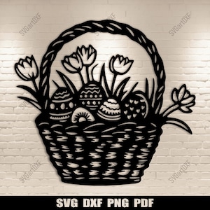 May include: Black and white silhouette of a basket filled with Easter eggs and flowers. The basket has a woven design and is surrounded by stylized flowers.