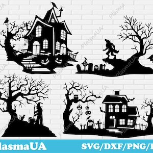 Halloween scene Svg for Cricut, Halloween clipart, happy fall Svg, Dxf for Laser cut, Haunted House Svg for Glowforge, Halloween decor DIY